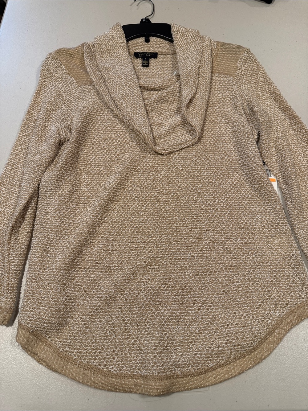 Tan Marled Cowl-Neck Sweater